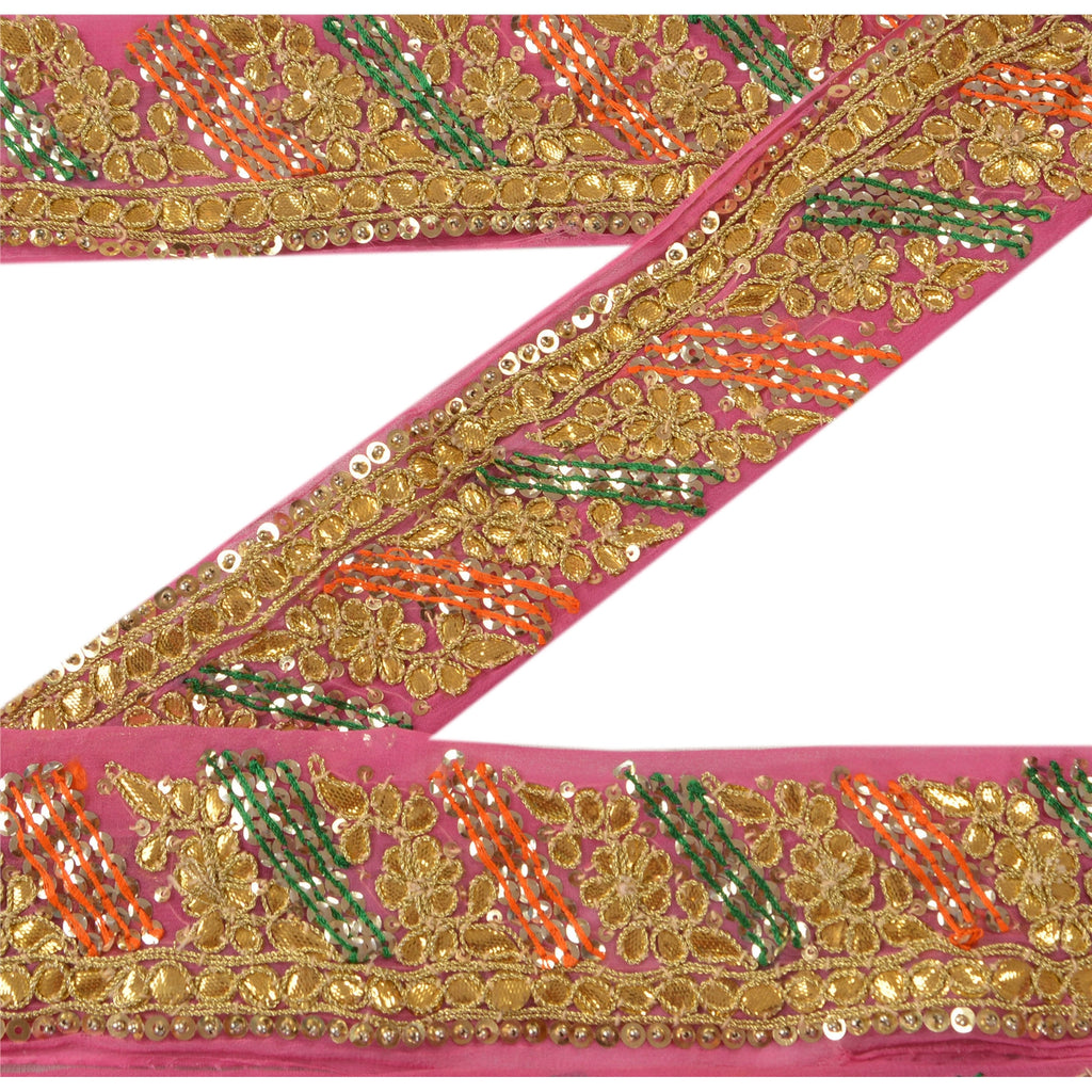 Sanskriti Vintage Sari Border Hand Beaded 1 Yd Trim Sewing Pink Gota Patti Lace