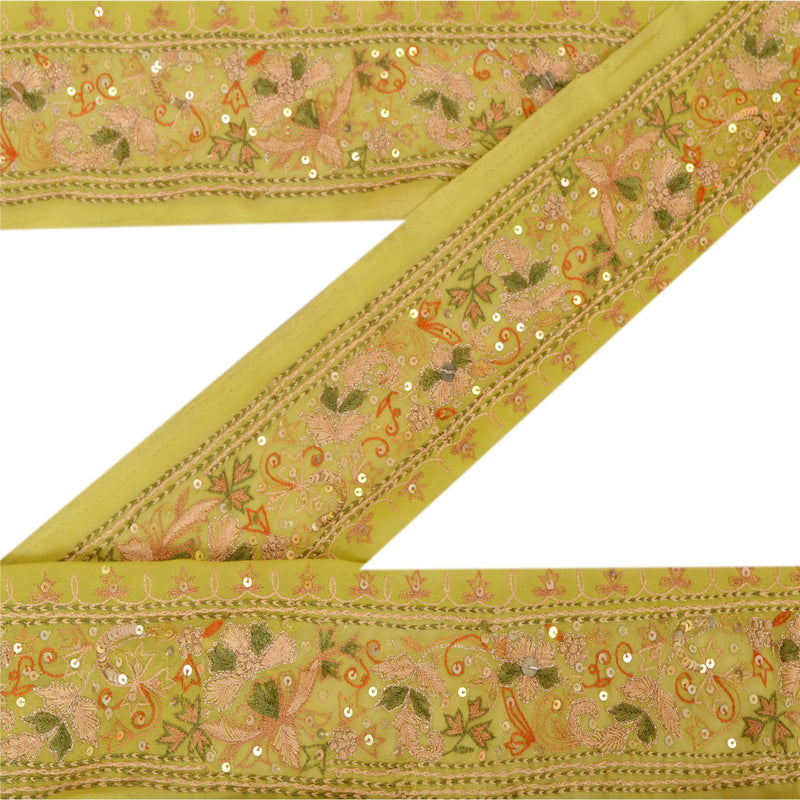 Sanskriti Vintage Hand Beaded Sari Border: Green Georgette Silk Indian Trim with Sequins (1 Yard) upholstery fabric