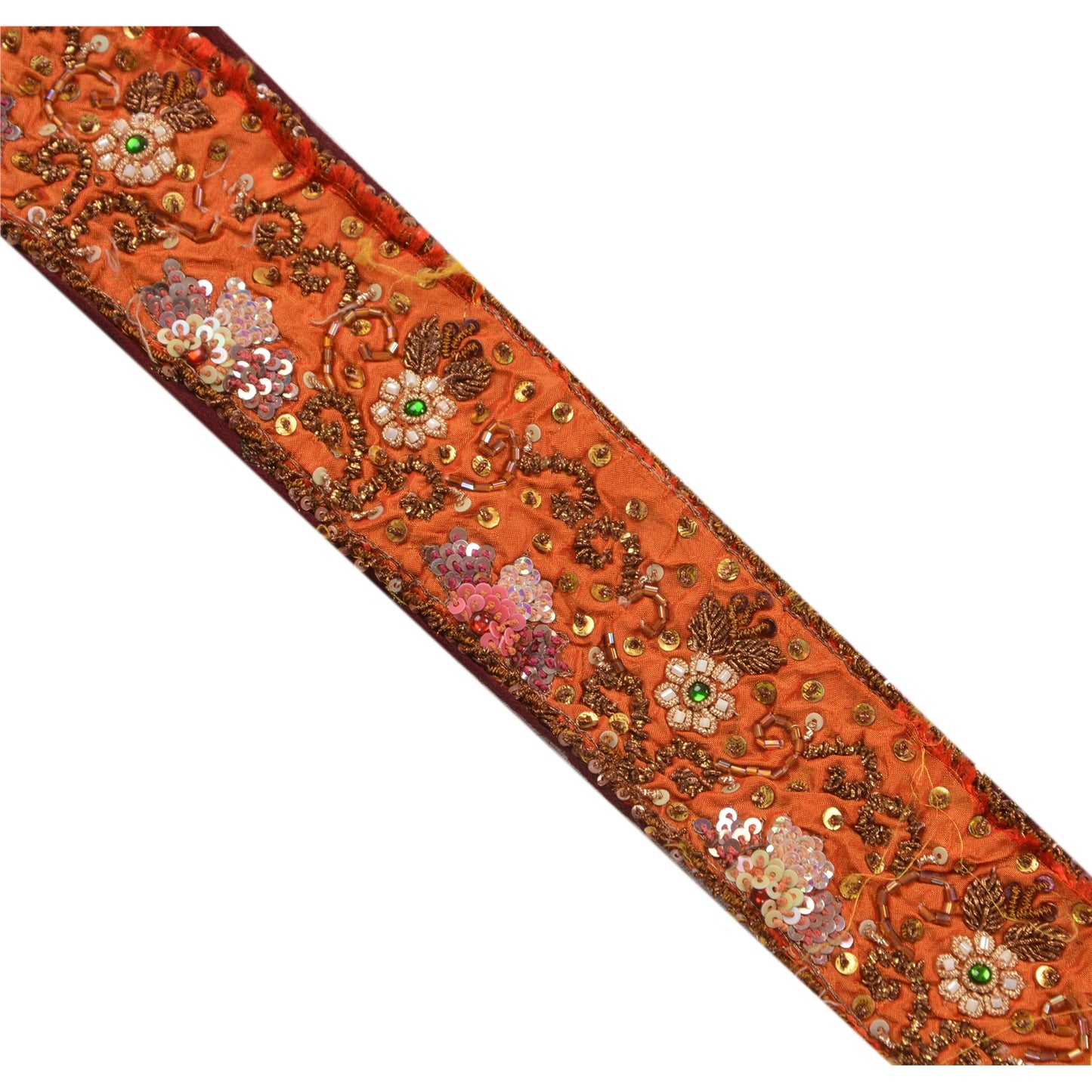 Sanskriti Vintage Sari Border Hand Beaded 1 Yd Trim Sewing Orange Craft Lace