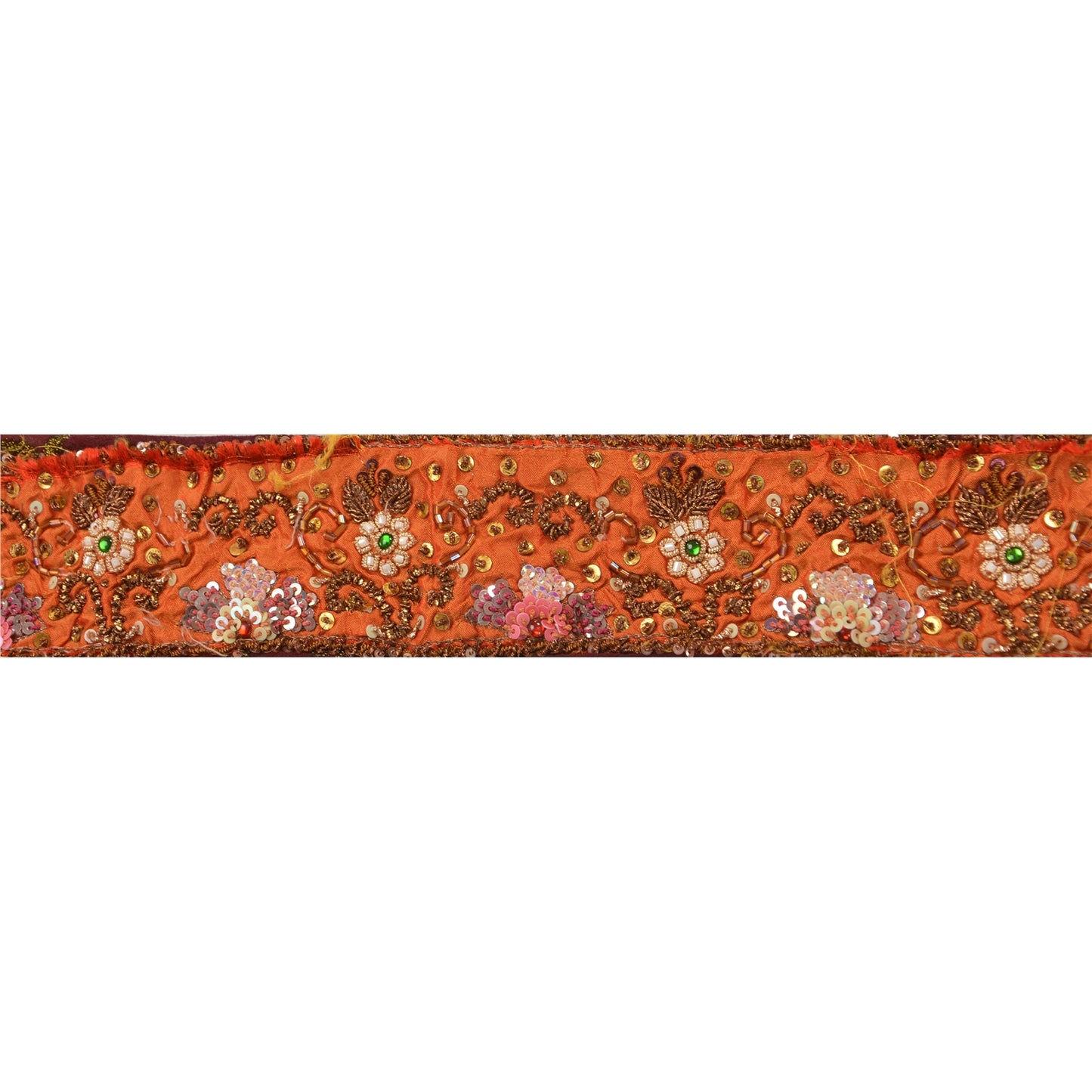Sanskriti Vintage Sari Border Hand Beaded 1 Yd Trim Sewing Orange Craft Lace