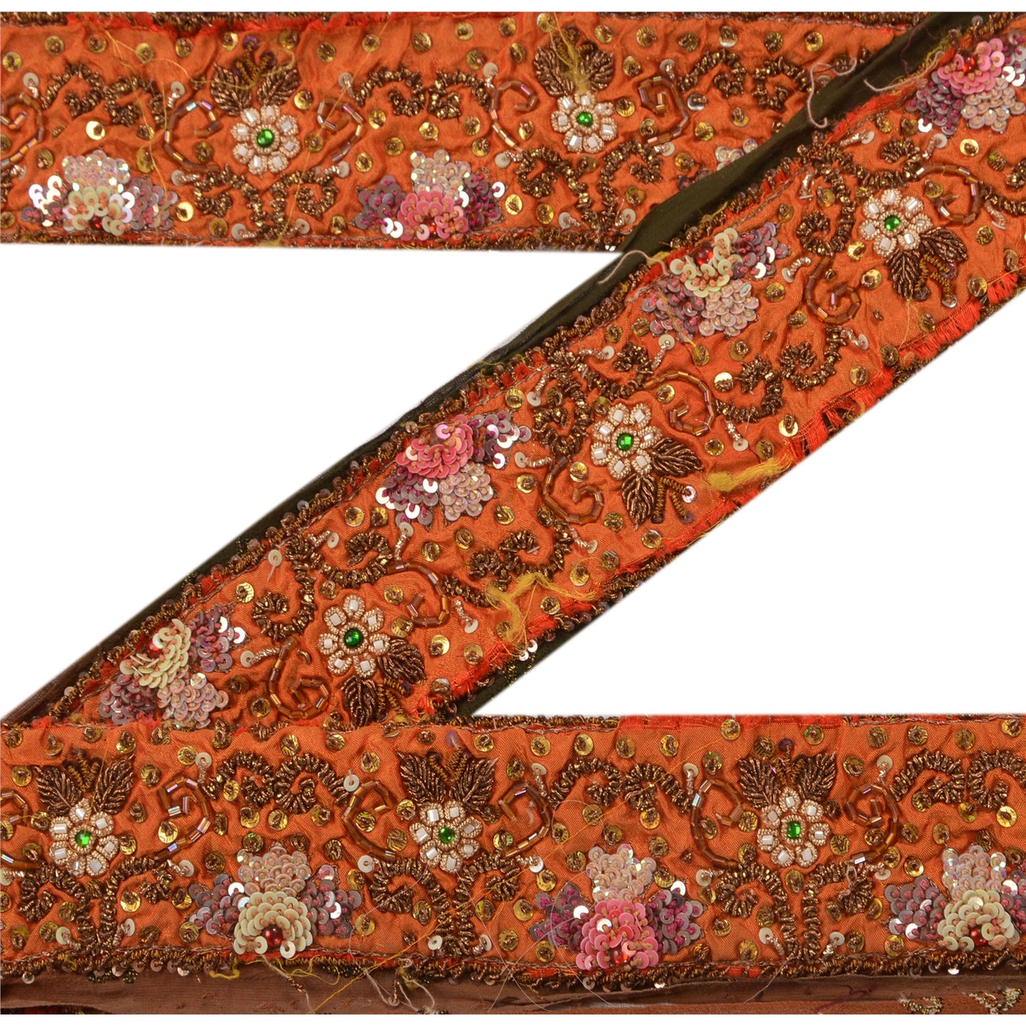 Sanskriti Vintage Sari Border Hand Beaded 1 Yd Trim Sewing Orange Craft Lace