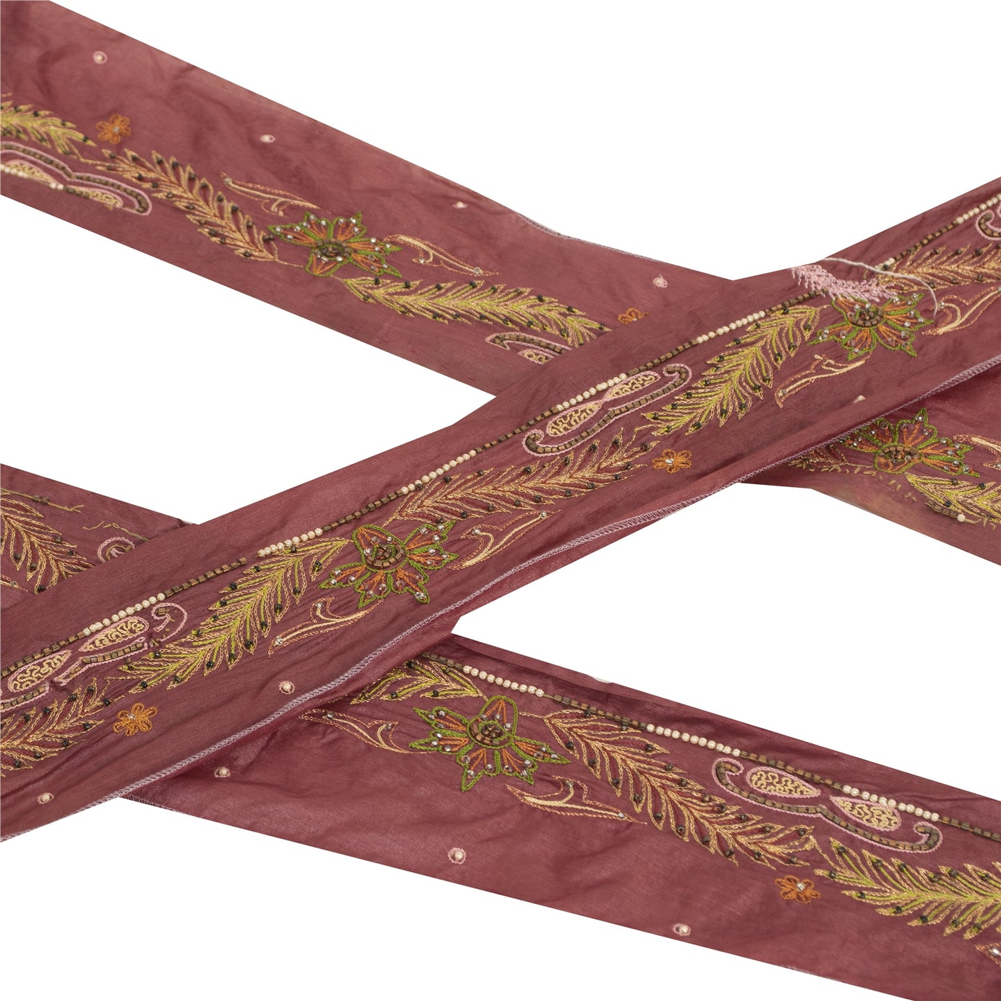 Sanskriti Vintage Sari Border Antique Hand Beaded 1YD Trim Zari Pink Craft Lace