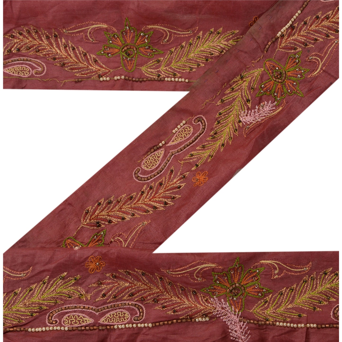 Sanskriti Vintage Sari Border Antique Hand Beaded 1YD Trim Zari Pink Craft Lace