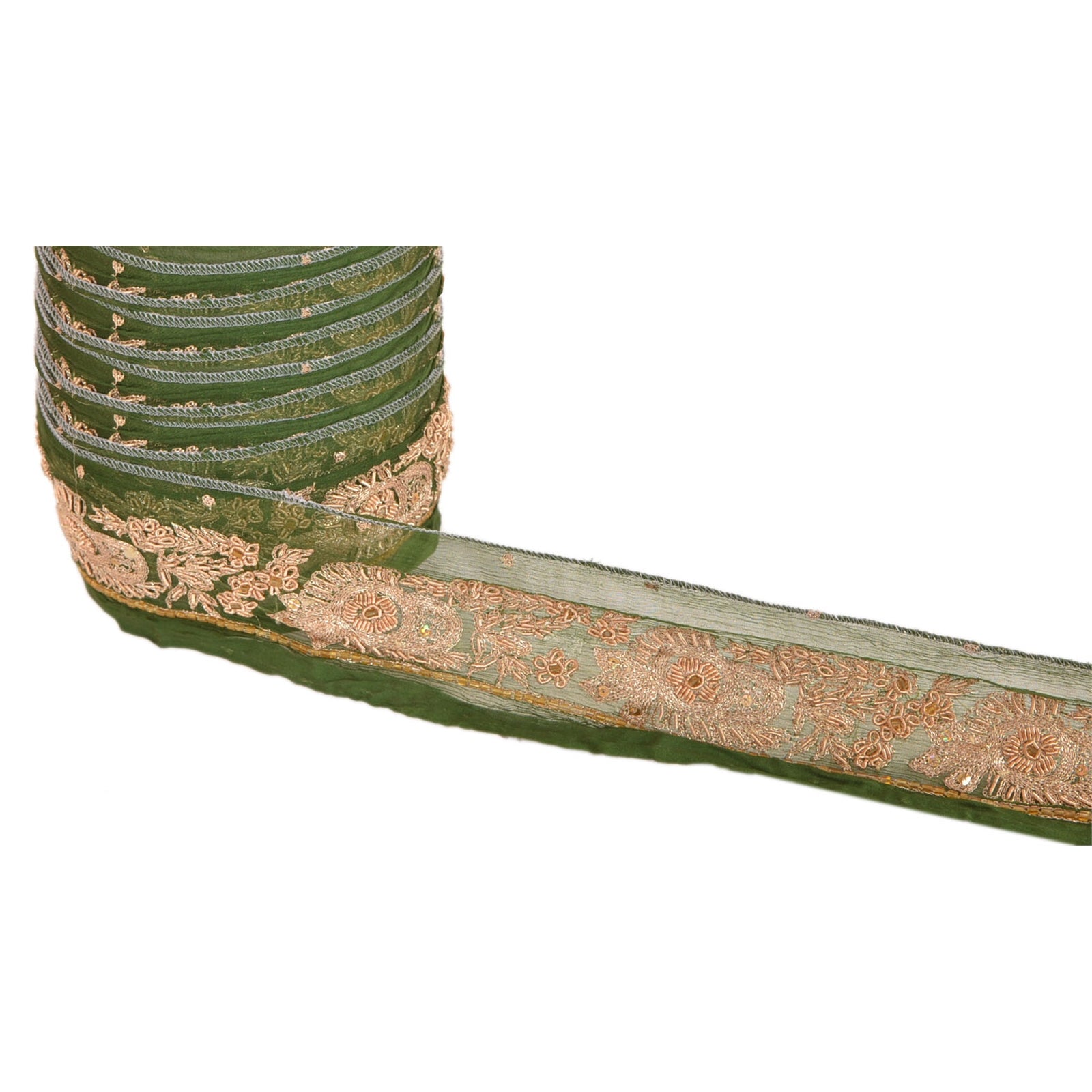 Sanskriti Vintage Green Chiffon Silk Sari Border: Hand Beaded Zardozi Trim, 1 Yard by