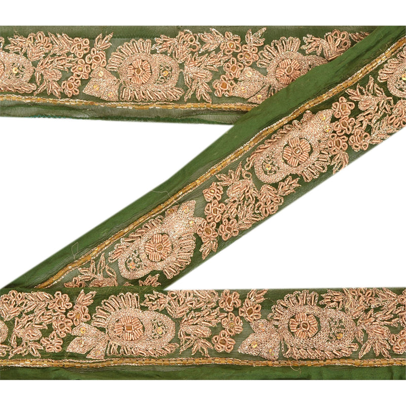 Sanskriti Vintage Green Chiffon Silk Sari Border: Hand Beaded Zardozi Trim, 1 Yard by upholstery fabric