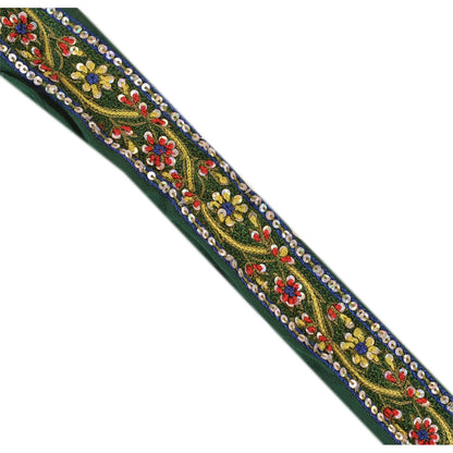Sanskriti Vintage Sari Border Hand Beaded 1 Yd Craft Trim Ribbon Green Lace