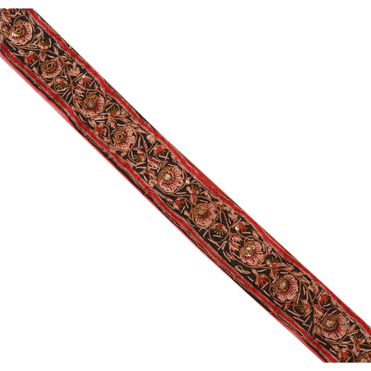 Sanskriti Vintage Sari Border Hand Beaded 1 YD Indian Trim Craft Ribbon Red Lace