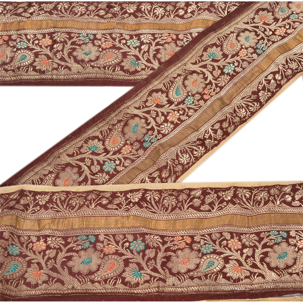 Sanskriti Vintage Sari Border Woven Brocade 1 Yd Trim Craft Sewing Brown Lace