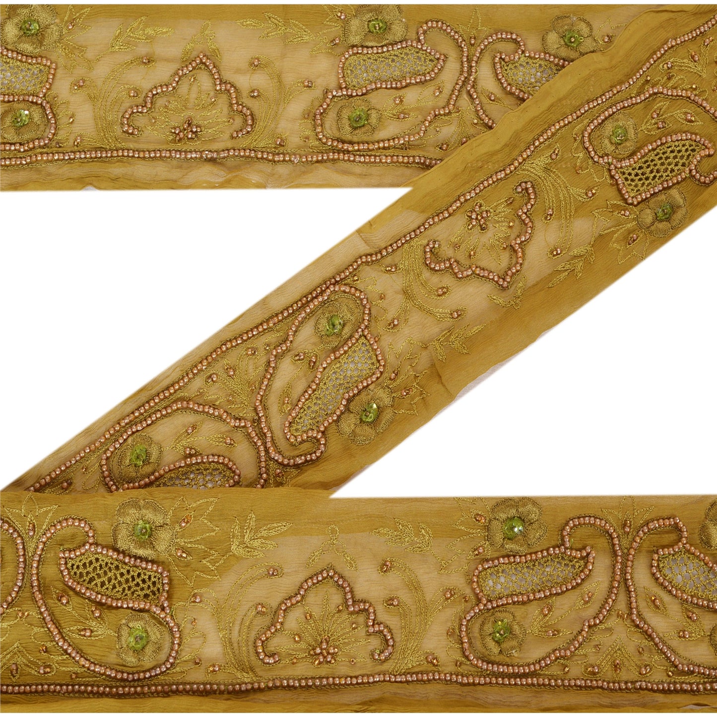 Sanskriti Vintage Sari Border Hand Beaded 1 Yd Indian Trim Sewing Green Lace