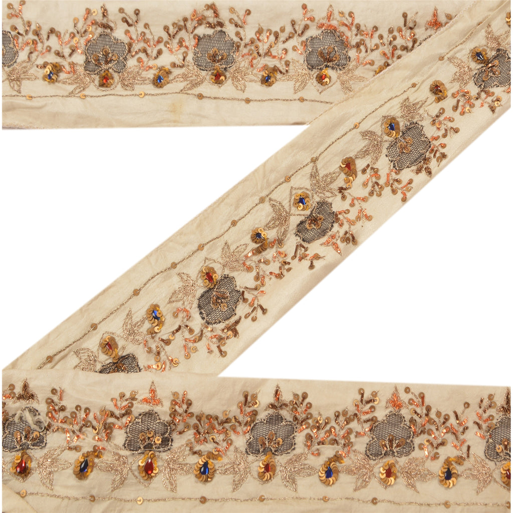 Sanskriti Vintage Sari Border Hand Beaded 1 Yd Craft Trim Sewing Cream Lace