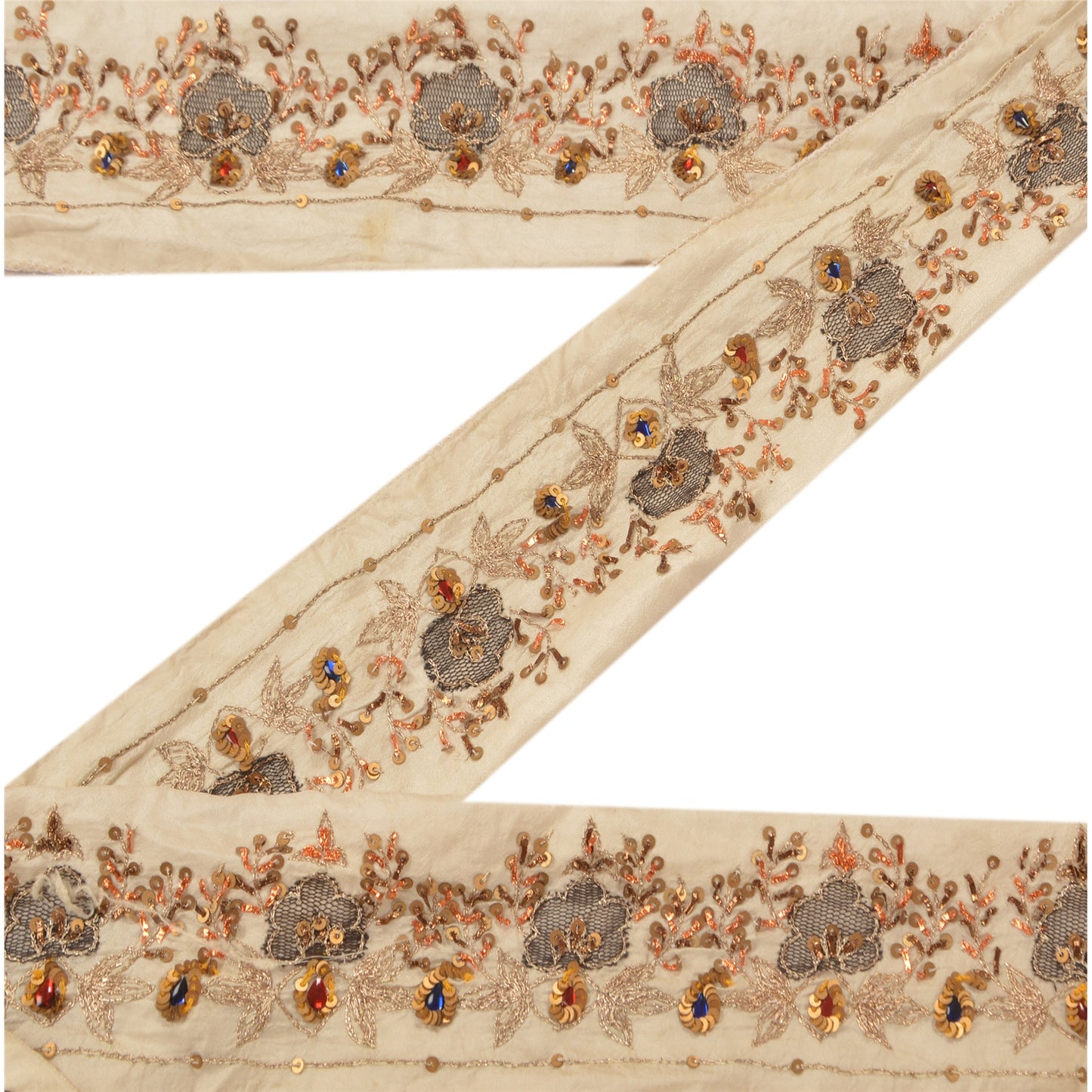 Sanskriti Vintage Sari Border Hand Beaded 1 Yd Craft Trim Sewing Cream Lace