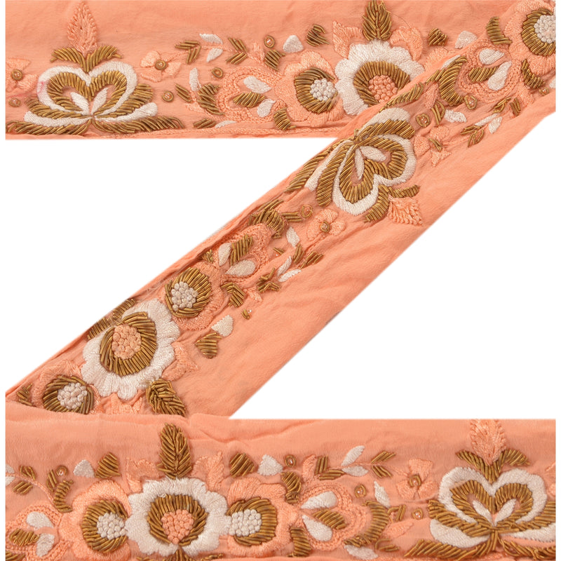 Sanskriti Vintage Peach Crepe Silk Sari Border: Hand Beaded Zardozi Lace Trim, 1 Yard upholstery fabric