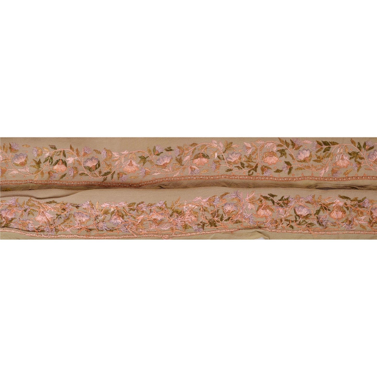 Sanskriti Vintage Sari Border Hand Embroidered 1Yd Indian Trim Ribbon Brown Lace