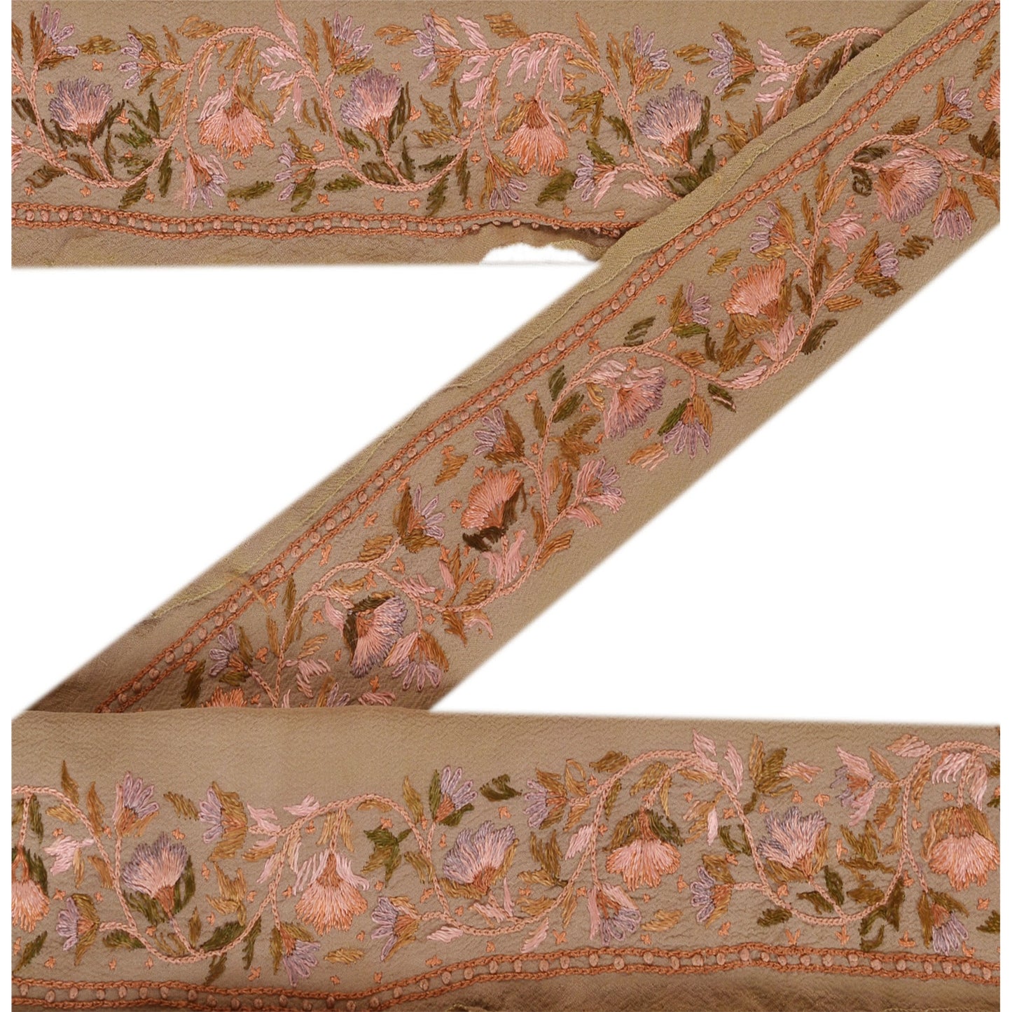 Sanskriti Vintage Sari Border Hand Embroidered 1Yd Indian Trim Ribbon Brown Lace