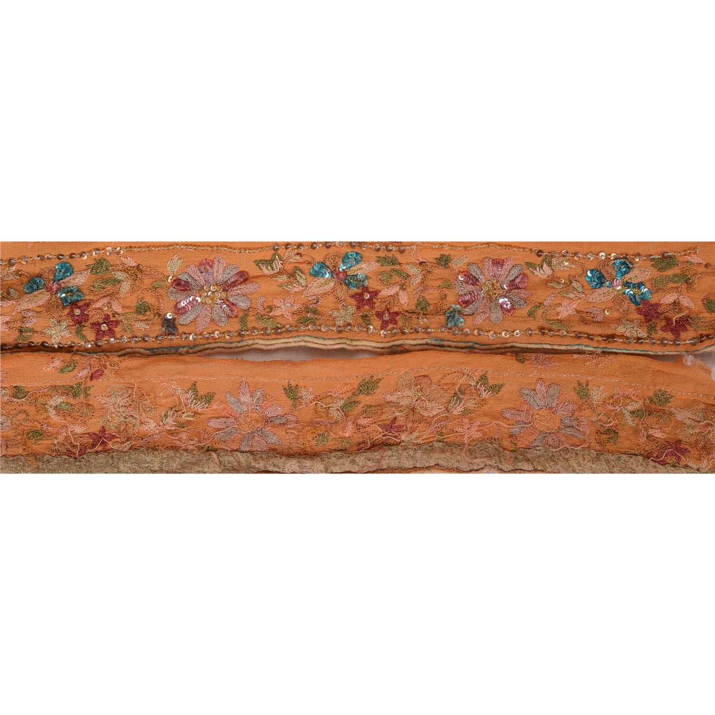 Sanskriti Vintage Sari Border Hand Beaded 1 Yd Indian Trim Ribbon Saffron Lace