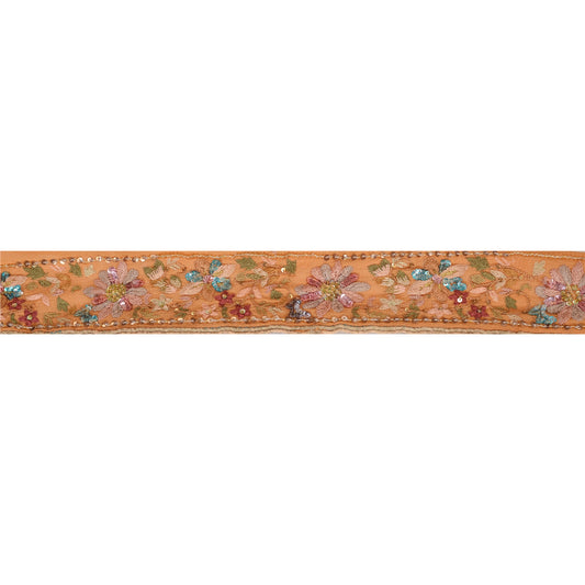 Sanskriti Vintage Sari Border Hand Beaded 1 Yd Indian Trim Ribbon Saffron Lace
