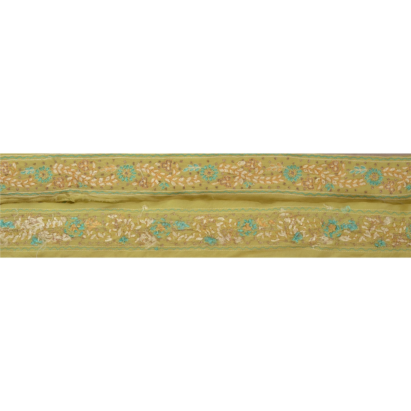 Sanskriti Vintage Sari Border Antique Hand Embroidered 1 Yd Trim Sewing Green Craft Lace