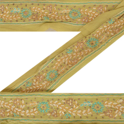 Sanskriti Vintage Sari Border Antique Hand Embroidered 1 Yd Trim Sewing Green Craft Lace