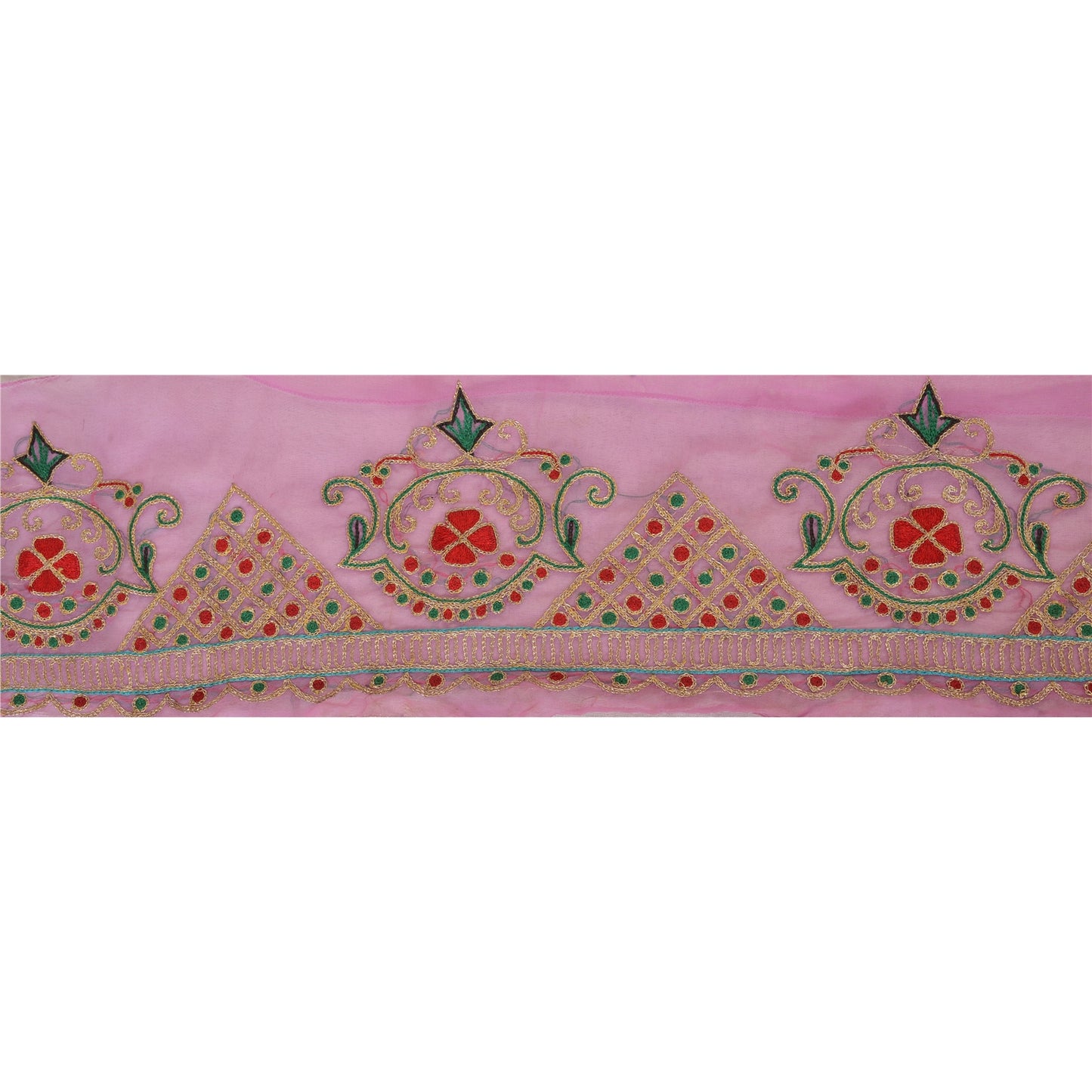 Sanskriti Vintage Sari Border Hand Beaded 1 Yd Indian Trim Sewing Pink Zari Lace