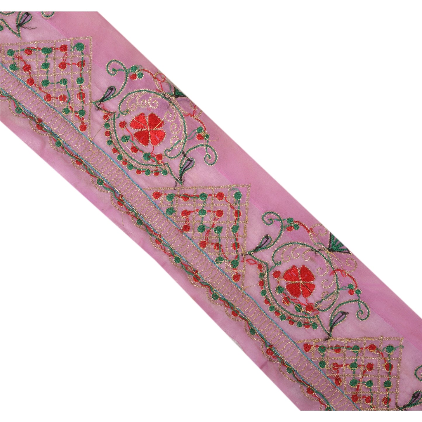 Sanskriti Vintage Sari Border Hand Beaded 1 Yd Indian Trim Sewing Pink Zari Lace