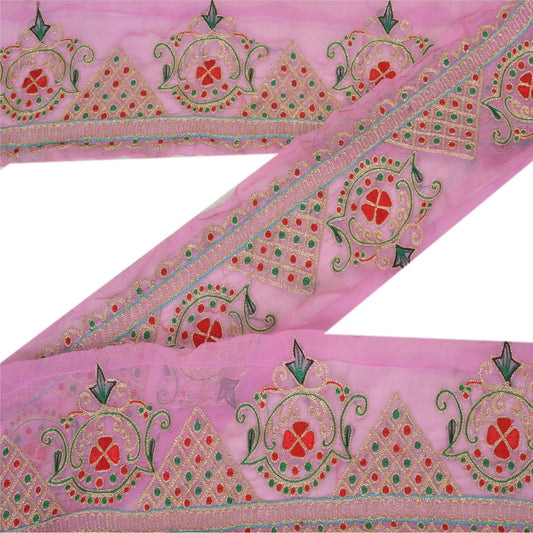 Sanskriti Vintage Sari Border Hand Beaded 1 Yd Indian Trim Sewing Pink Zari Lace