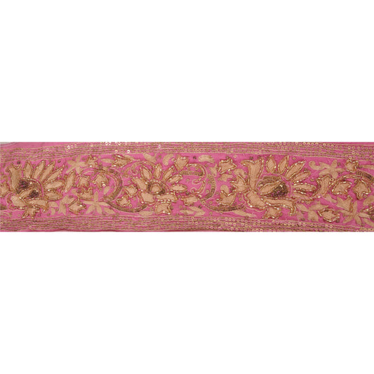 Sanskriti Vintage Sari Border Hand Beaded 1Yd Indian Trim Sewing Pink Decor Lace