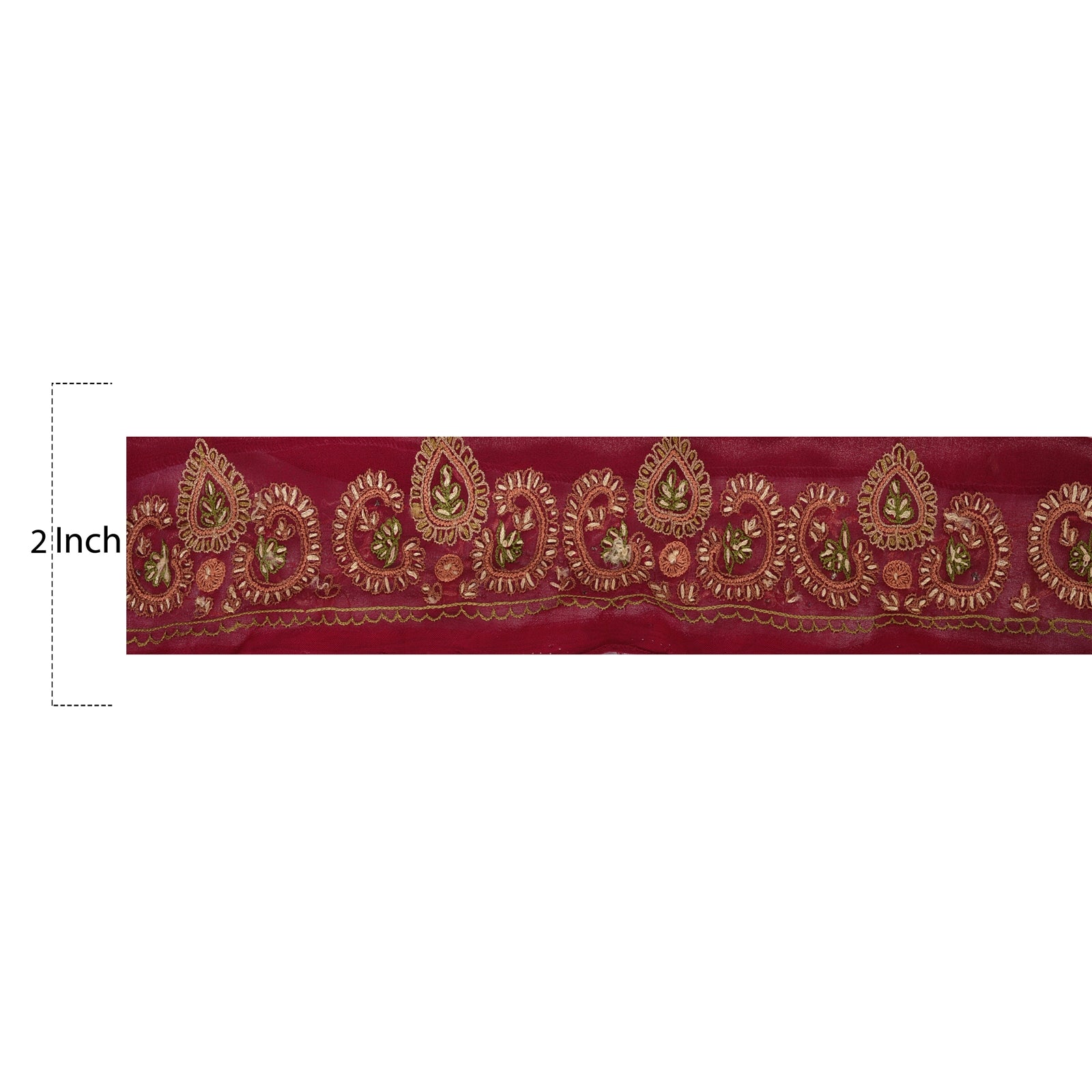 Sanskriti Vintage Border Antique Hand Embroidered 1YD Trim Sewing Red Craft Lace