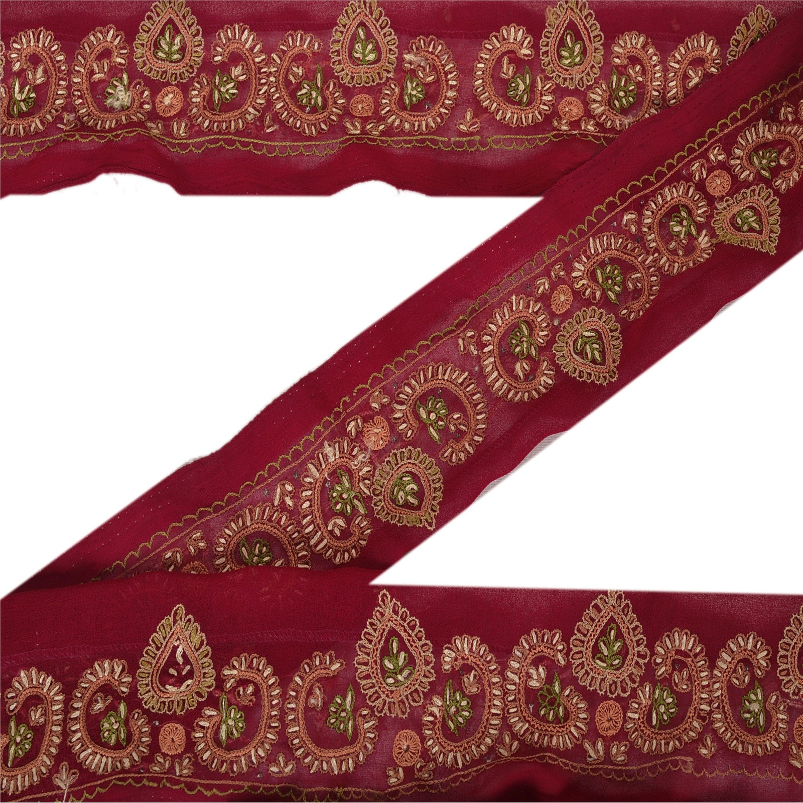 Sanskriti Vintage Border Antique Hand Embroidered 1YD Trim Sewing Red Craft Lace