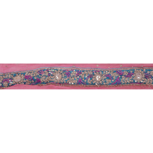 Sanskriti Vintage Sari Border Hand Beaded 1Yd Indian Trim Dã©Cor Ribbon Pink Lace