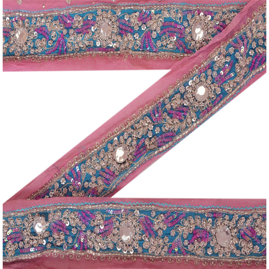 Sanskriti Vintage Sari Border Hand Beaded 1Yd Indian Trim Dã©Cor Ribbon Pink Lace