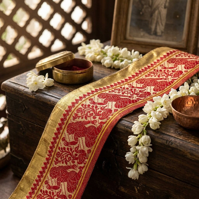 Sanskriti Vintage Cream Blend Silk 1 YD Sari Border Woven Baluchari Trim Sewing