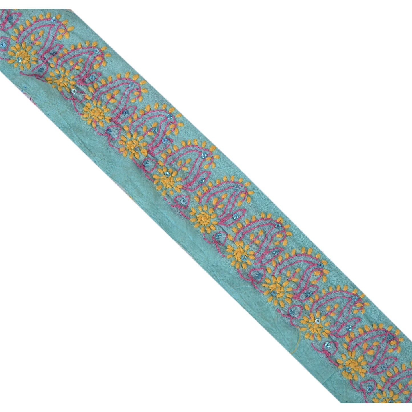 Sanskriti Vintage Chikankari Sari Border Hand Embroidered 1 YD Sewing Blue Lace