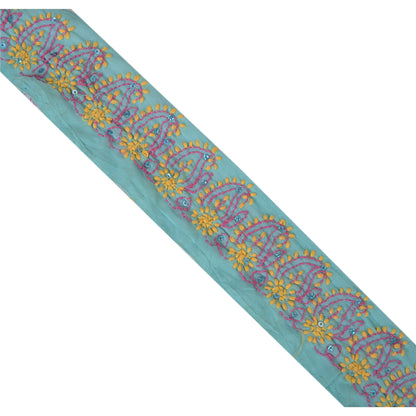 Sanskriti Vintage Chikankari Sari Border Hand Embroidered 1 YD Sewing Blue Lace