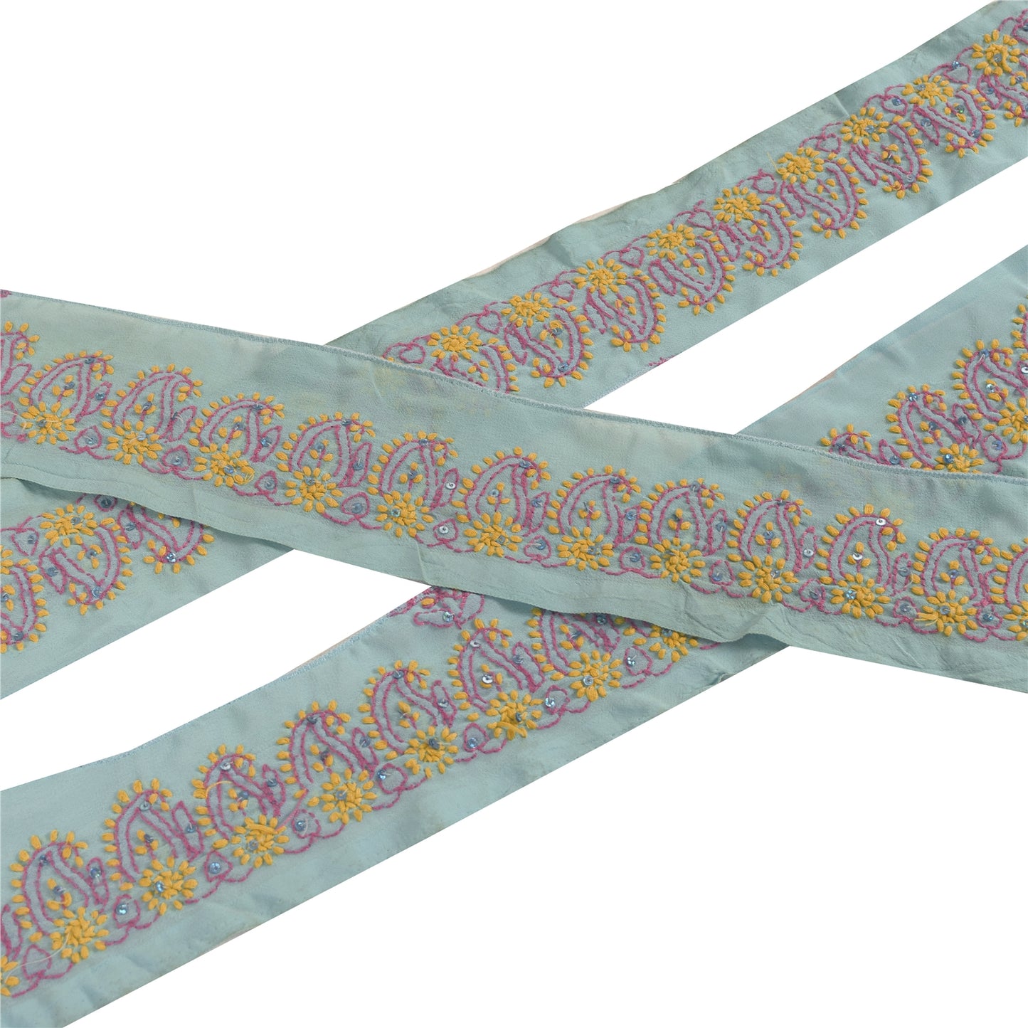 Sanskriti Vintage Chikankari Sari Border Hand Embroidered 1 YD Sewing Blue Lace