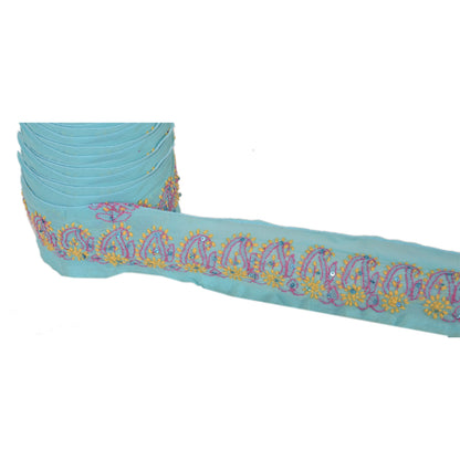 Sanskriti Vintage Chikankari Sari Border Hand Embroidered 1 YD Sewing Blue Lace