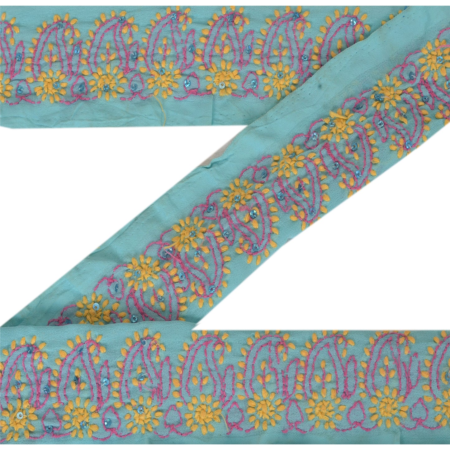 Sanskriti Vintage Chikankari Sari Border Hand Embroidered 1 YD Sewing Blue Lace