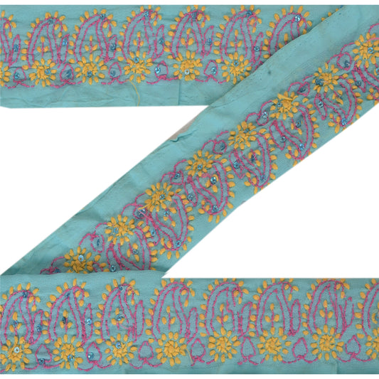 Sanskriti Vintage Chikankari Sari Border Hand Embroidered 1 YD Sewing Blue Lace