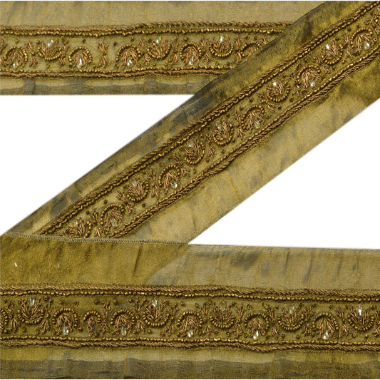 Sanskriti Vintage Sari Border Hand Beaded 1 Yd Indian Trim Ribbon Golden Lace