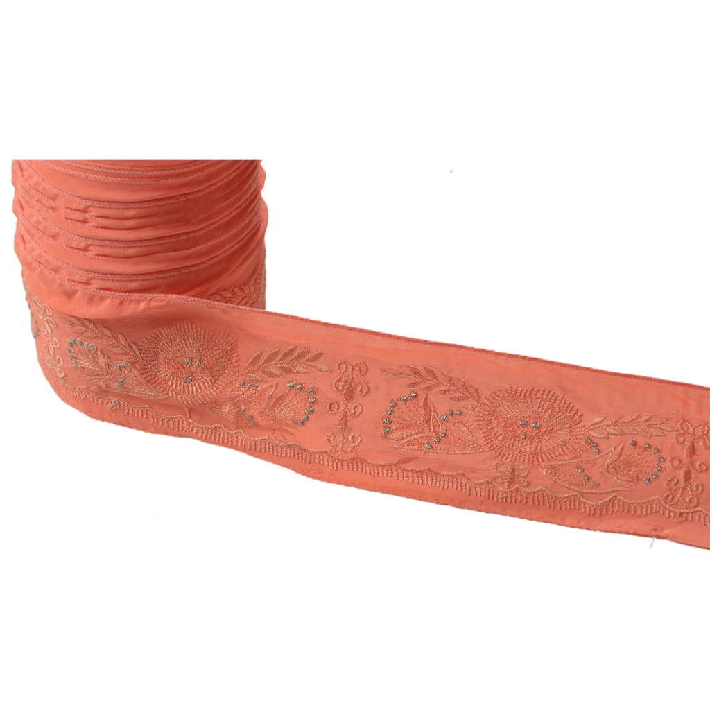 Sanskriti Vintage Border Antique Embroidered 1 YARD Trim Sewing Peach Craft Lace