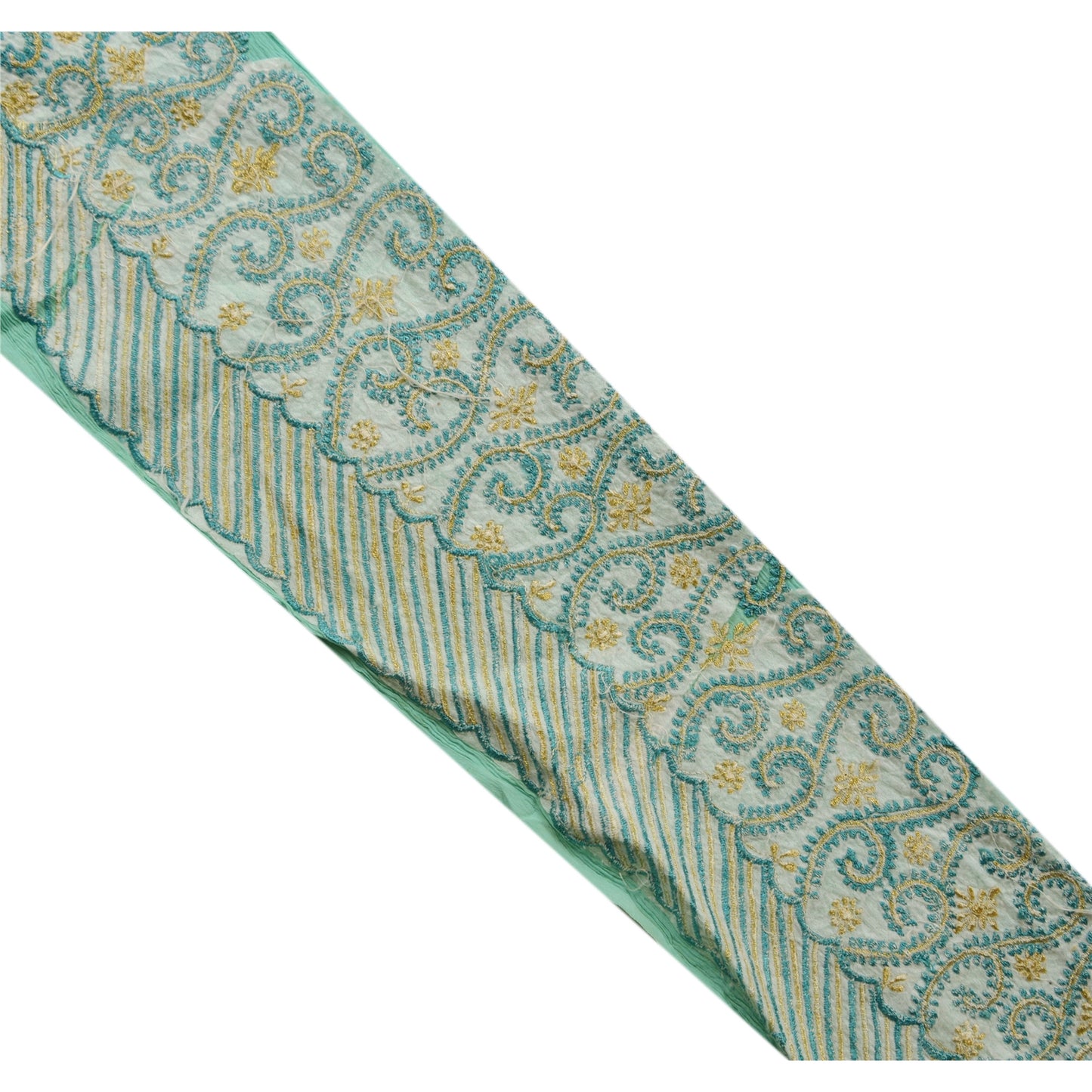 Sanskriti Vintage Sari Border Embroided 1Yd Trim Sewing Green Craft Floral Lace