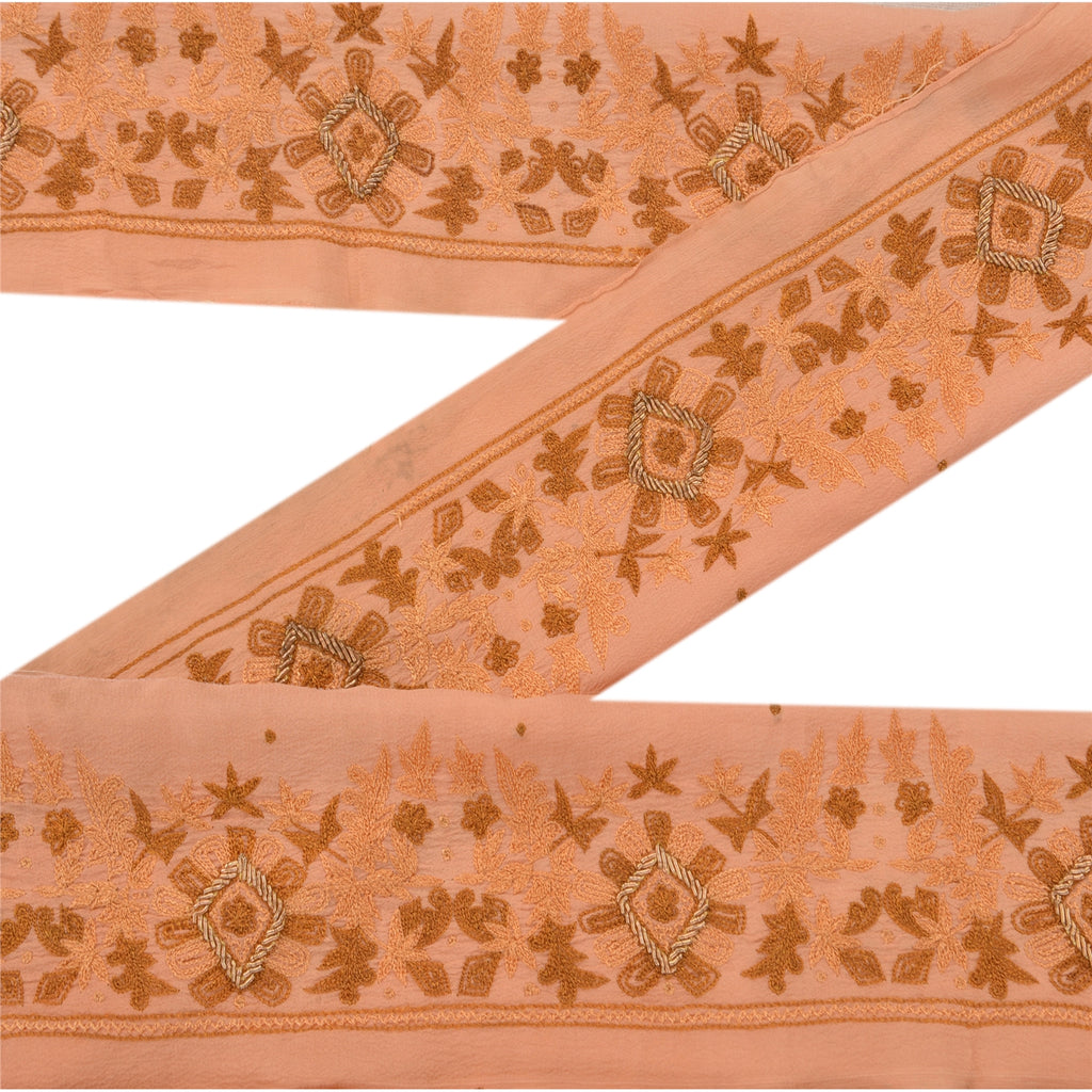 Sanskriti Vintage Sari Border Hand Embroidered 1 YD Zardozi  Peach Craft Lace