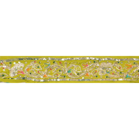 Sanskriti Vintage Border Hand Beaded 1 Yd Indian Trim Dã©Cor Ribbon Green Lace