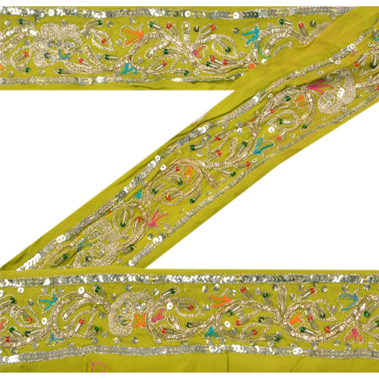 Sanskriti Vintage Border Hand Beaded 1 Yd Indian Trim Dã©Cor Ribbon Green Lace