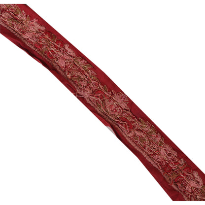 Sanskriti Vintage Sari Border Hand Embroidered 1 Yd Trim Ribbon Dark Red Lace