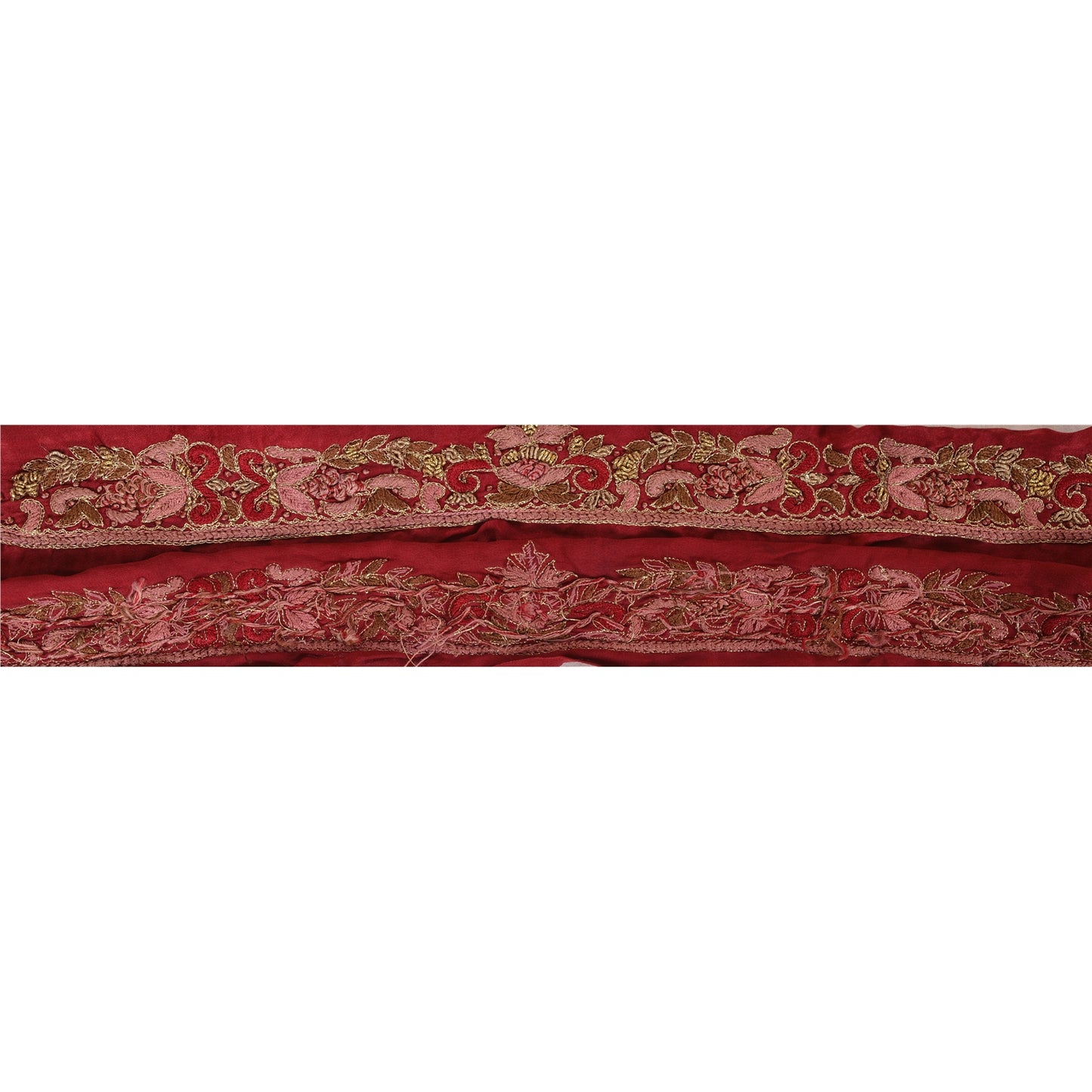 Sanskriti Vintage Sari Border Hand Embroidered 1 Yd Trim Ribbon Dark Red Lace