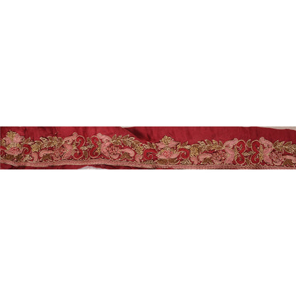 Sanskriti Vintage Sari Border Hand Embroidered 1 Yd Trim Ribbon Dark Red Lace