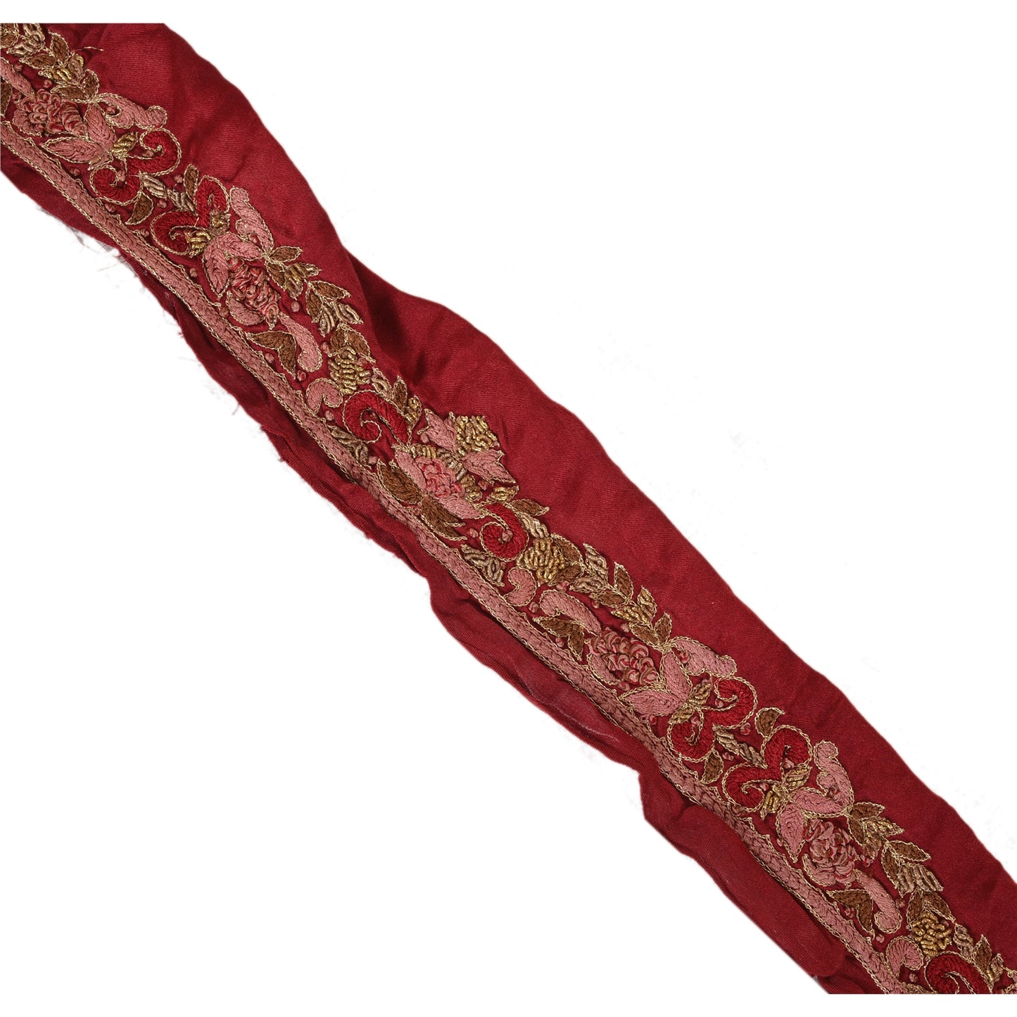 Sanskriti Vintage Sari Border Hand Embroidered 1 Yd Trim Ribbon Dark Red Lace
