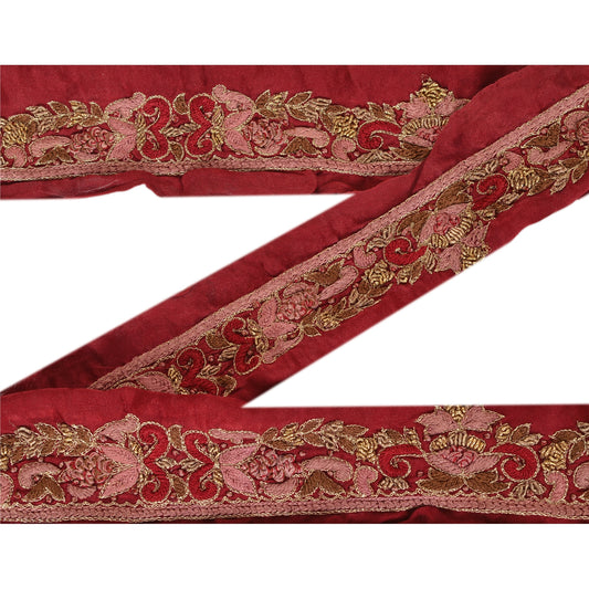 Sanskriti Vintage Sari Border Hand Embroidered 1 Yd Trim Ribbon Dark Red Lace