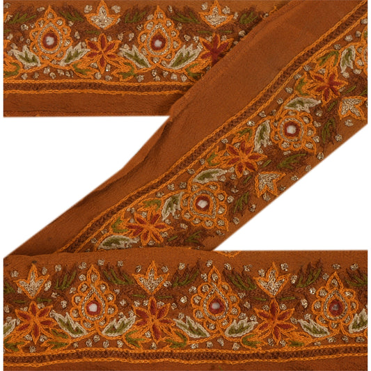 Sanskriti Vintage Sari Border Hand Embroidered 1Yd Trim Sewing Brown Craft Lace