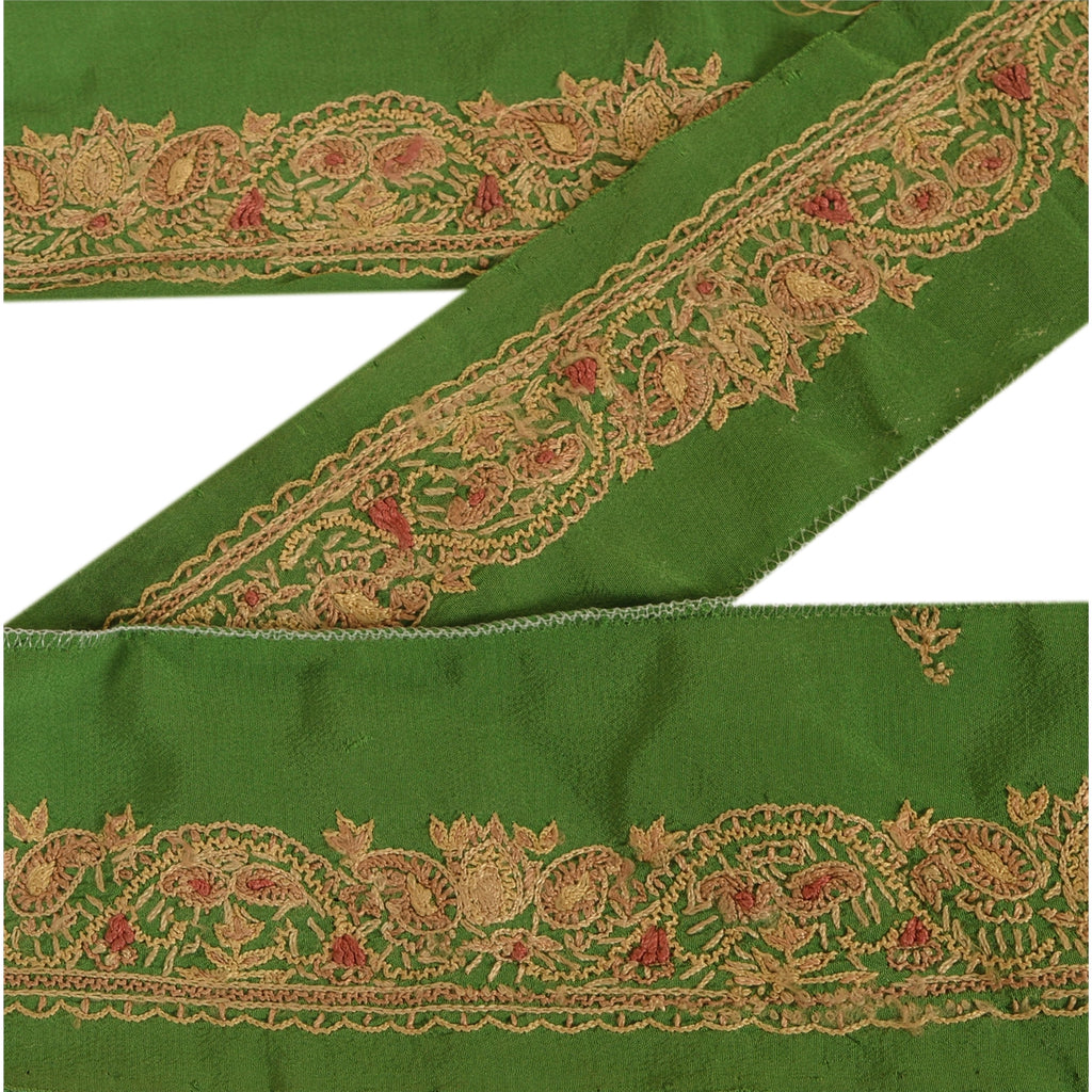 SANSKRITI VINTAGE Border Hand Embroidered 1 YD Indian Trim Ribbon Green Lace